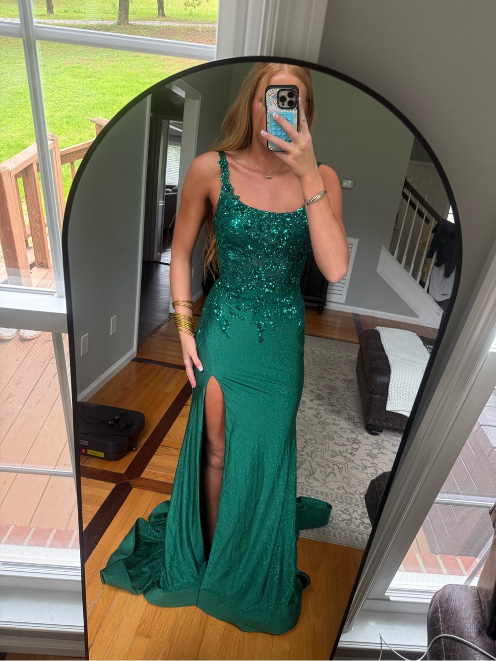 Johnathan Kayne Emerald Green Sequin Prom Gown with Thigh Slit